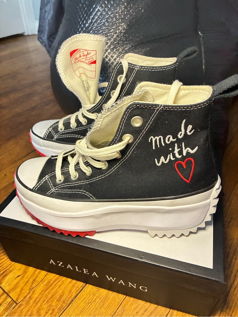 Converse Black and Cream High-Top Platform Sneakers with Red Heart ( worn twice)